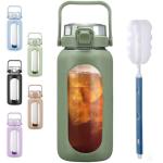 BLUEGO 64oz Glass Water Bottles with Straw Time Marker Half Gallon Large Motivational Water Bottle with Silicone Sleeve 2 Liter Large Glass Water Jug for Gym, Sports& Workout, Daily, 02 Olive