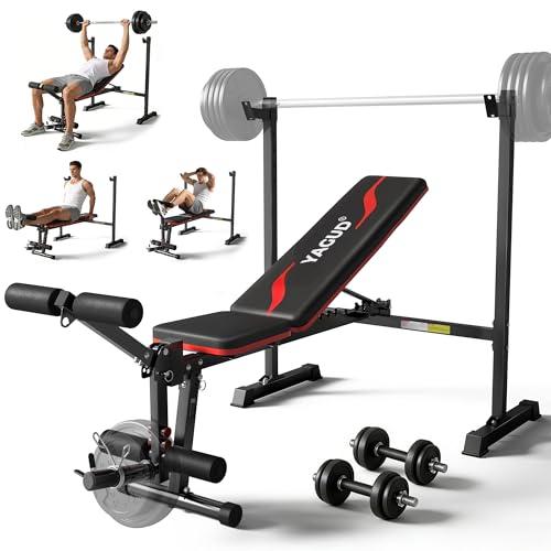 Weight Bench Set, 880LBS Adjustable Bench Press Set with Leg Extension and Barbell Rack, Safety Bar Catches, Fasting Foldable Workout Benches for Home Gym Fitness