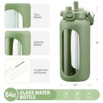 BLUEGO 64oz Glass Water Bottles with Straw Time Marker Half Gallon Large Motivational Water Bottle with Silicone Sleeve 2 Liter Large Glass Water Jug for Gym, Sports& Workout, Daily, 02 Olive