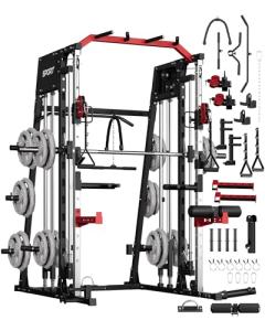 GarveeLife Smith Machine Home Gym All in One, 2200 LBS Squat Rack Power Cage with Smith Bar, LAT Pull-Down, Cable Systems, Leg Hold-Down and More Attachments, Workout Equipment (Red Black)