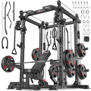 Power Cage Multi-Function Power Rack with Cable Crossover System,1800 LBS Capacity Squat Rack with Weight Bench,for Home Gym (Black, L02+Weight Bench+（Pole+Cast Iron） 248LBS)