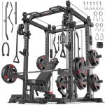 Power Cage Multi-Function Power Rack with Cable Crossover System,1800 LBS Capacity Squat Rack with Weight Bench,for Home Gym (Black, L02+Weight Bench+（Pole+Cast Iron） 248LBS)