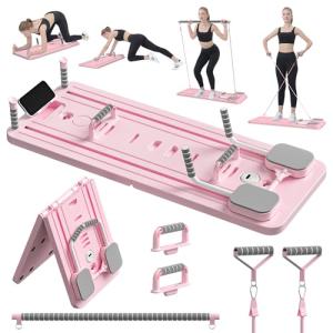 JANUA Pilates Board - Pilates Reformer Set, Multi-Purpose Foldable Pilates Reformer Board for Home, 5 in 1 Pilates Sliding Board (Pink Set)