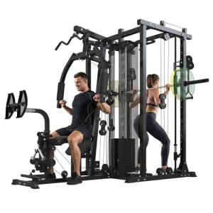 Gymusclo Multi-Functional Home Gym Workout Equipment, All-in-One Smith Machine w/150lbs Weight Stack&Cable Crossover, Leg Press, PEC Fly, LAT, Squat, Heavy Duty Full Body Training for Family, Black