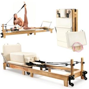VitaCu Pilates Reformer, Wooden Foldable Pilates Machine for Home Use, All-in-One Studio Equipment with 6 Springs, Jump Board, Sitting Box & Accessories, Supports 500lbsa 3t1
