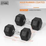 Fitvids Rubber Encased Hex Dumbbell, Hand Weights Set of 2 with Anti-Slip Cast Iron Grip for Strength Training, 40 LB Pair