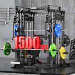 Smith Machine with Cable Crossover System, Multi-Function Power Cage Squat Rack for Home Gym, Power Rack and Packages Weight Sets. (Black, L04-Smith Machine+Bench+(Pole+Cast lron) 250LBS)