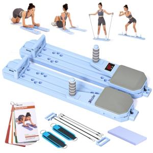 Nicoler Portable Pilates Reformer - Pilates Board 8-in-1 Multi-Functional Pilates Equipment with Workout Cards, 20lbs + 30lbs Resistance Bands, Ankle Straps for Home Workout, Fitness, Abs(Blue)