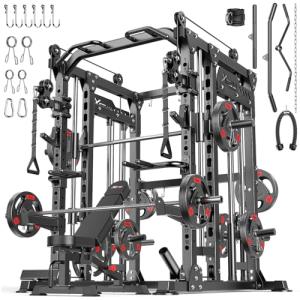 XGSW XINGESIWR Multi-Purpose Squat Rack,Smith Machine Weight Rack Set with Cable Crossover System, Home Gym Power Racks, Power Racks and Packages (L04, Power cage Black+Bench+Cast lron 184LBS)