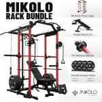 Mikolo K6 Power Cage, Power Rack with Cable Crossover System, Home Gym Packages with Weight Bench, Olympic Barbell, 230b Rubber Weight Set-Red
