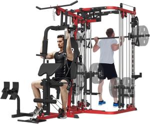 FAGUS H All in One Home Gym System Workout Station, Multi-Function Smithe Machine Power Cage with Cable Crossover, Tripe-Sided Independent Load Posts, Smithe Trainer for Full Body Training, Black Red