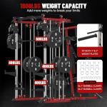FAGUS H All in One Home Gym System Workout Station, Multi-Function Smithe Machine Power Cage with Cable Crossover, Tripe-Sided Independent Load Posts, Smithe Trainer for Full Body Training, Black Red