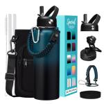 32/40/64OZ Insulated Water Bottle - Keep Cold 48H Hot 24H, Combo Straw/Spout Lids, Paracord Handle for Gym/Hiking, Carrier Bag +Strap, Cup Mat, BPA-Free Stainless Steel Flask Jug