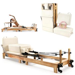 94.5"Pilates Reformer, Wooden Foldable Reformer Pilates Machine with 5 Springs, Quick-Assembly Studio Grade Pilates Reformer Machine, Pilates equipment with Sitting Box, Jump Board for Home Use&Studio