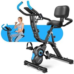 Birdfeel Foldable Exercise Bike, Multifunctional Indoor Stationary Bikes for Home with 8-Level Magnetic Resistance, Quiet Workout Bike with Arm Resistance Bands, LCD Monitor, 300LBS Capacity (Blue)