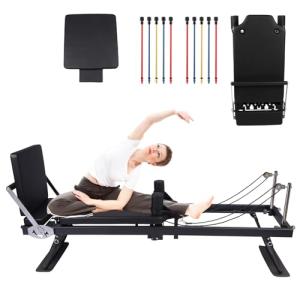 Foldable Pilates Reformer Machine for Home Gym,Professional Reformer Pilates with Jump Board, 2 Sets Color Resistance Cords,at Home Pilates for Full Body Workouts & Strength Training