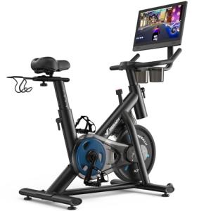 MERACH Exercise Bike, Brake Pad Stationary Bike with Exclusive App, Low Noise Indoor Cycling Bike with 270lbs Weight Capacity, Tablet Mount and Fitness Courses for Weight Loss-Blue