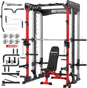 Smith Machine Home Gym, Eryntix All-in-One Power Cage with Cable Crossover, Squat Rack, LAT Pulldown & Pull-Up Bar, 2600LBS Capacity Home Gym Equipment with 18 Attachments for Strength Training