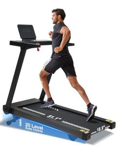 BORGUSI Foldable Treadmill with Auto Incline - 4 Hp 18.9 Inch Wide Treadmills for Home Seniors, 400 Lb Capacity, Backlit Knob Led Display, Shock Absorbent, Bluetooth App and Speaker, 12 Mph Speed