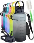 EnergyBud 1 Gallon Water Bottle With Straw Dishwasher-Safe BPS & BPA Free, 2 Cleaning Brush Motivational 128oz Water Jug with Time Markers, Wide-Mouth Tritan, Gym & Exercise Equipment(Clear & Black)