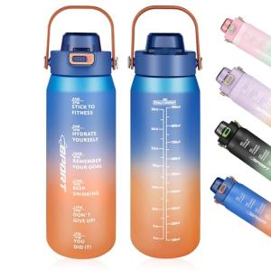 Gulex Motivational Water Bottle 32oz with Time Marker- Leakproof & BPA Free Sports Water Bottle with Straw & Carry Strap for Gym, Travel and Outdoor Sports (Blue/Orange Gradient)