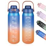 Gulex Motivational Water Bottle 32oz with Time Marker- Leakproof & BPA Free Sports Water Bottle with Straw & Carry Strap for Gym, Travel and Outdoor Sports (Blue/Orange Gradient)