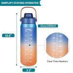 Gulex Motivational Water Bottle 32oz with Time Marker- Leakproof & BPA Free Sports Water Bottle with Straw & Carry Strap for Gym, Travel and Outdoor Sports (Blue/Orange Gradient)