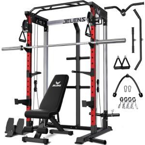 JELENS C21 Power Cage, 2000LBS Multi-Function Power Rack with Independent Dual Pulley System, All-in-One Squat Rack for Cable Crossover, Home Gym Workout Machine (Red, Bundle Set)