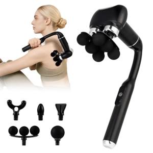 IeBilif Massage Gun with Extension Handle, Handheld Foot Back Neck Shoulder Massager with 6 Adjustable Speeds & Modes and 5 Replaceable Heads for Gym & Home Use, Birthday Gifts for Men