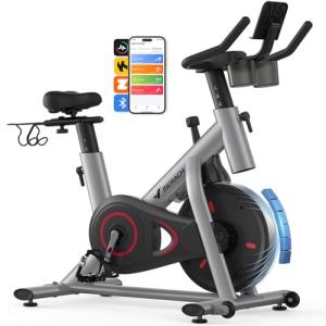 Merach Exercise Bike, Brake Pad/Magnetic Stationary Bike with Exclusive App, Low Noise Indoor Cycling Bike with 270LBS Weight Capacity, Dumbbell Rack and Fitness Courses for Weight Loss
