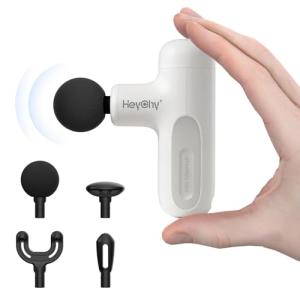 HEYCHY Super Mini Massage Gun Deep Tissue with 5 Speeds, Small Travel Size Percussion Muscle Massager for Pain Relief with 4 Attachments, Handheld Portable Massager Gun for Man & Women, White