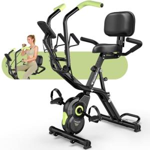 Birdfeel Foldable Exercise Bike, Multifunctional Indoor Stationary Bikes for Home with 8-Level Magnetic Resistance, Quiet Workout Bike with Arm Resistance Bands, LCD Monitor, 300LBS Capacity (Light Green)