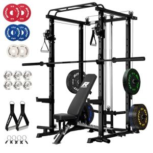 RitFit Squat Rack Power Cage Home Gym Package, Includes 1000LBS Power Rack with Cable Crossover System, Weight Bench, Weight Plate Set with Olympic Barbell (Package 1.6K (Bumper Plate 230LBS))-Black