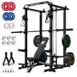 RitFit Squat Rack Power Cage Home Gym Package, Includes 1000LBS Power Rack with Cable Crossover System, Weight Bench, Weight Plate Set with Olympic Barbell (Package 1.6K (Bumper Plate 230LBS))-Black