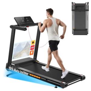 JAGJOG Treadmill for Home with 15% Auto Incline, 3.5HP Quiet Foldable Treadmill, 12 HIIT Programs, 14.96" Wide LED Touchscreen, Smart App & Heart Rate, 300 LBS Capacity, Fully Assembly（Black