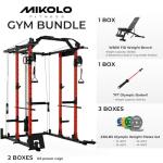 Mikolo K6 Power Cage, Power Rack with Cable Crossover System, Home Gym Packages with Weight Bench, Olympic Barbell, 230b Weight Set-Red