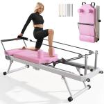 Foldable Pilates Reformer Machine for Home Use - 330lbs Capacity with 5 Alloy Springs, 11 Resistance Levels & UP Leather Surface, Space-Saving Fitness Equipment (Pink)