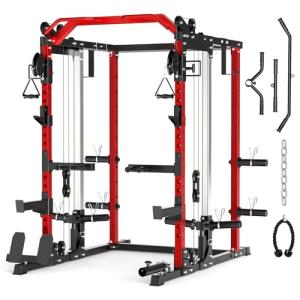 Roygym Power Cage, 2000LBS Power Rack with Cable Crossover System, All-in-One Squat Rack with Dual Independent Pulley System for Home Gym, Red
