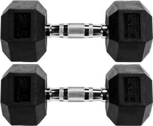 Fitvids Rubber Encased Hex Dumbbell – 25LB – 25LB Pair – Black