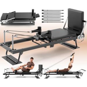 TYRSEN Foldable Pilates Reformer - Reformer Pilates Machine with Springs, Quick-Assembly Pilates Power Gym Equipment for Home Workout & Gym, Pilates Machine with Upgraded Wheels and Jumpboard