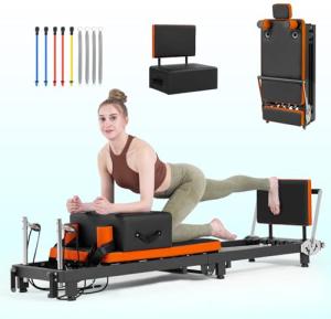 Pilates Reformer, Foldable Pilates Machine for Home Use and Gym Workout, Suitable for Advanced and Beginners Users,Pilates Equipment with Sitting Box, Jump Board ,Up to 500 LBS
