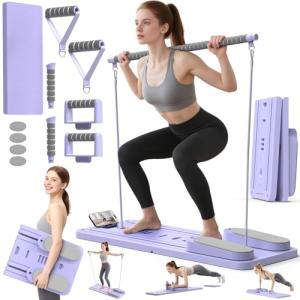 Multifunctional Pilates Board, Pilates Reformer Sets 7-in-1 Foldable Pilates Reformer Machine for Home Workout with Timer, Phone Holder, Push-up Bar, Ab Board, 330LBS Capacity Portable Set, Purple