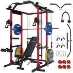 Mikolo K6 2.0 Power Cage, Power Rack with Cable Crossover System, 2000LBS Squat Rack with LAT Pull Down System, Functional Trainer with Aluminum Pulley System for Home Gym, Red, 230LB Color Weights