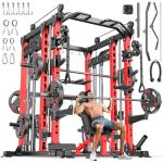 Smith Machine with Cable Crossover System, Multi-Function Power Cage Squat Rack for Home Gym, Power Rack and Packages Weight Sets. (Red, L04-Smith Machine+Bench+(Pole+Cast lron) 250LBS)