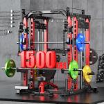 Smith Machine with Cable Crossover System, Multi-Function Power Cage Squat Rack for Home Gym, Power Rack and Packages Weight Sets. (Red, L04-Smith Machine+Bench+(Pole+Cast lron) 250LBS)