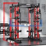 Smith Machine with Cable Crossover System, Multi-Function Power Cage Squat Rack for Home Gym, Power Rack and Packages Weight Sets. (Red, L04-Smith Machine+Bench+(Pole+Cast lron) 250LBS)