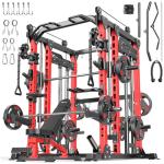 Smith Machine with Cable Crossover System, Multi-Function Power Cage Squat Rack for Home Gym, Power Rack and Packages Weight Sets. (Red, L04-Smith Machine+Bench+(Pole+Cast lron) 250LBS)
