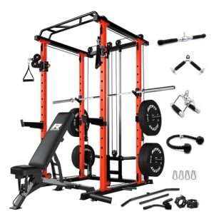 RitFit Squat Rack Power Cage Home Gym Package, Includes 1000LBS Power Rack with Cable Crossover System, Weight Bench, Weight Plate Set with Olympic Barbell (Package 1.6K (Bumper Plate 230LBS))-Orange