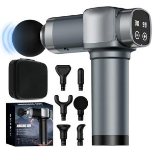 KUPAKY Massage Gun, Deep Tissue Massage Gun for Pain Relief, Handheld Electric Muscle Back Massager, Super Quiet Percussion Electric Massager with 30 Speed Levels 6 Massage Heads, Carry Case (Grey)