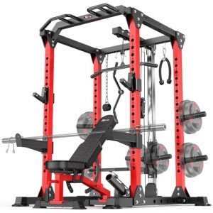 Power Rack Power Cages Multi-Function Squat Rack with Cable Crossover System Selectable More Training Attachment Weight Cage for Garage & Home Gym (Red, B Set L01 Power Cage+Weight Bench)